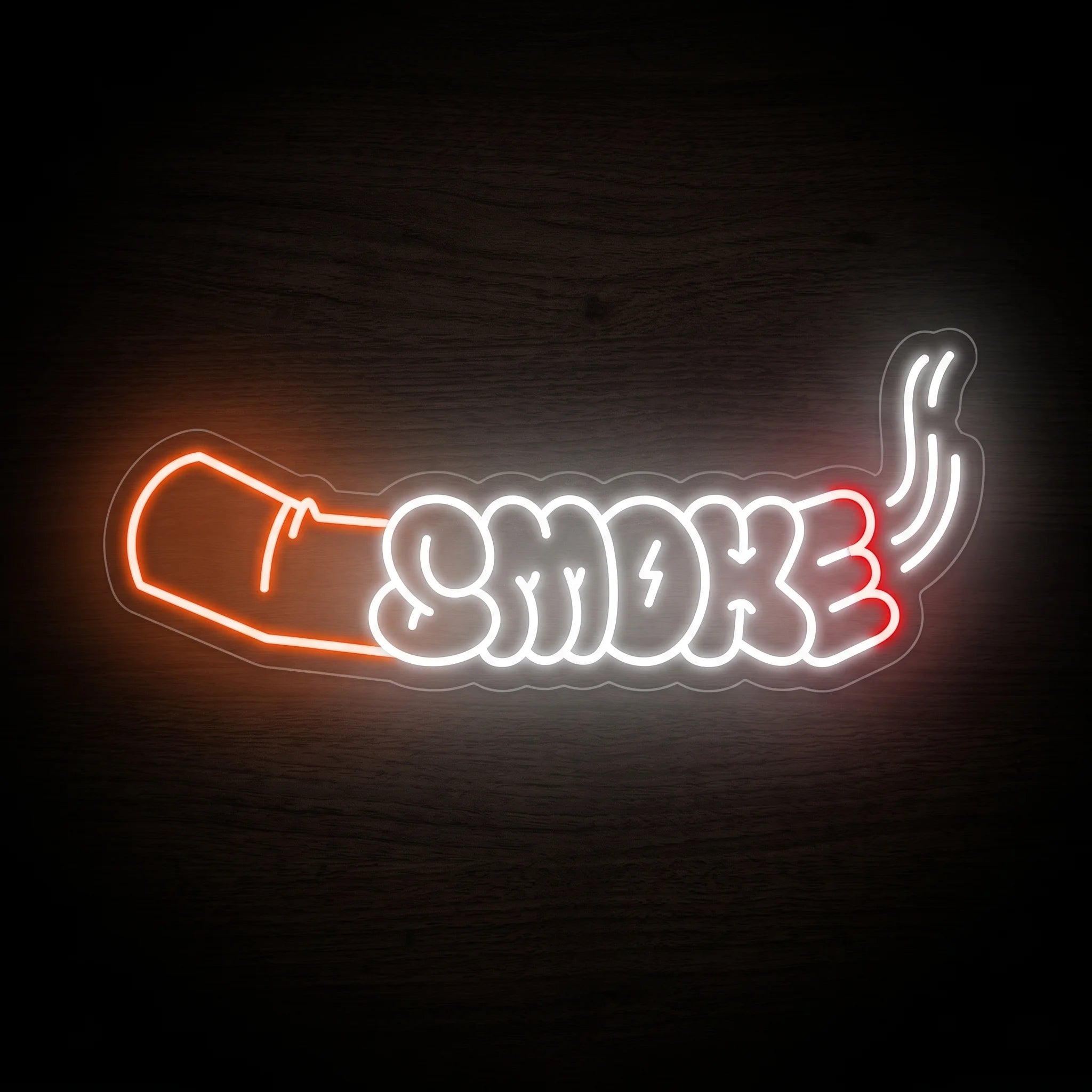 Smoking Joint Outline LED neon sign featuring bold bubble-style "SMOKE" lettering integrated with a smoking pre-roll on a clear acrylic backing.