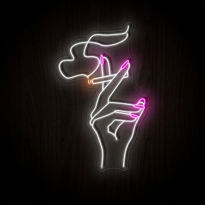 Smoking Lady Silhouette LED neon sign featuring an elegant feminine outline holding a lit rolled smoke with flowing smoke effects on a precision-cut clear acrylic backing.