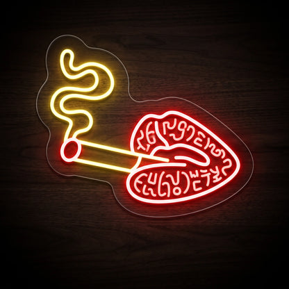 Smoking Lips LED neon sign featuring glowing red lips holding a lit smoke with golden smoke trails on a clear acrylic backing.