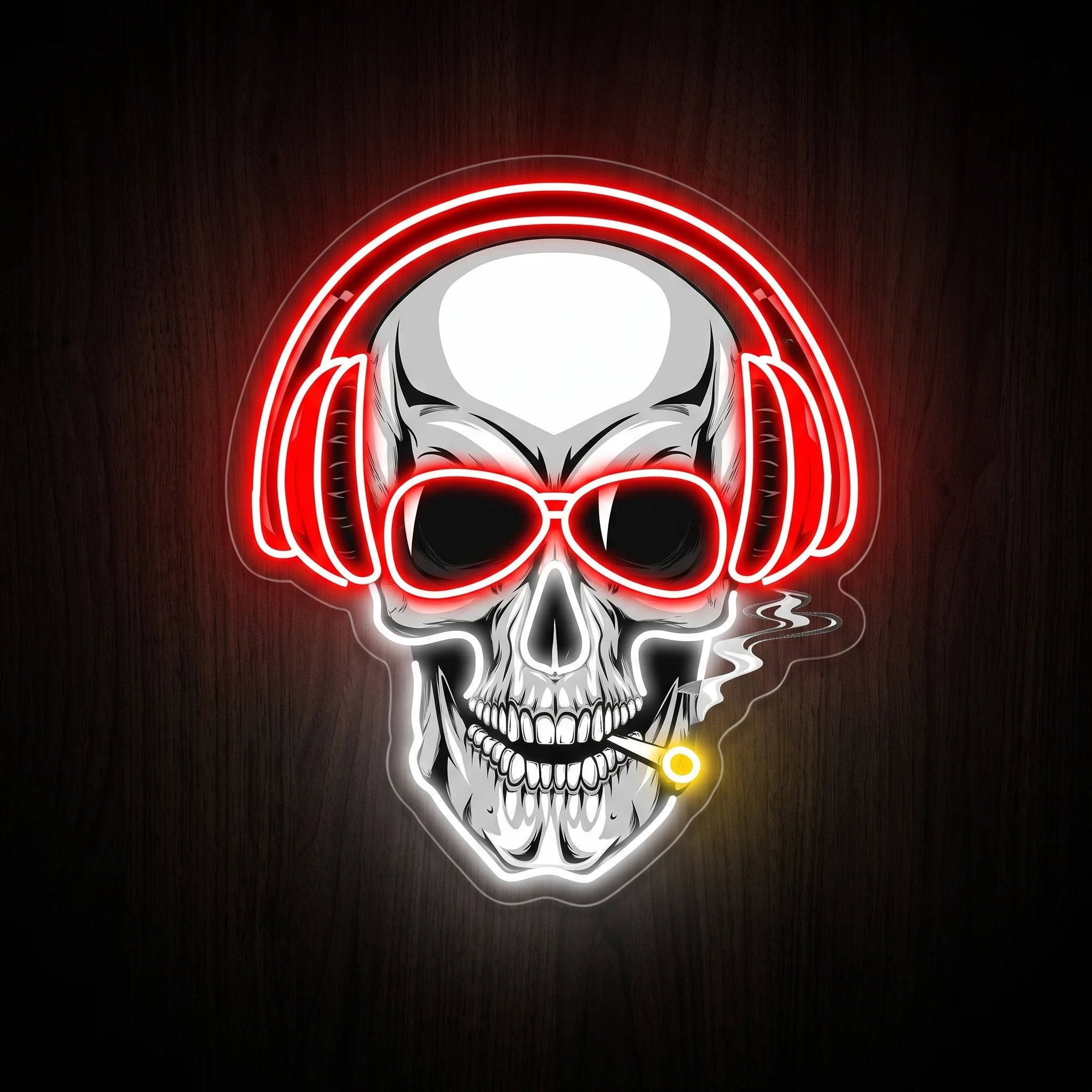 Smoking skull with headphones LED neon sign on clear acrylic backing with red, white, and yellow illumination for recreational wall décor.