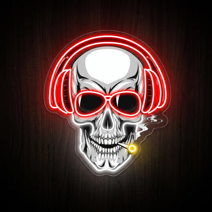 Smoking skull with headphones LED neon sign on clear acrylic backing with red, white, and yellow illumination for recreational wall décor.