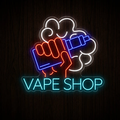 Smoking Vape Shop LED neon sign with a red hand holding a blue vape device, white vapor clouds, cyan lettering, and clear acrylic backing.