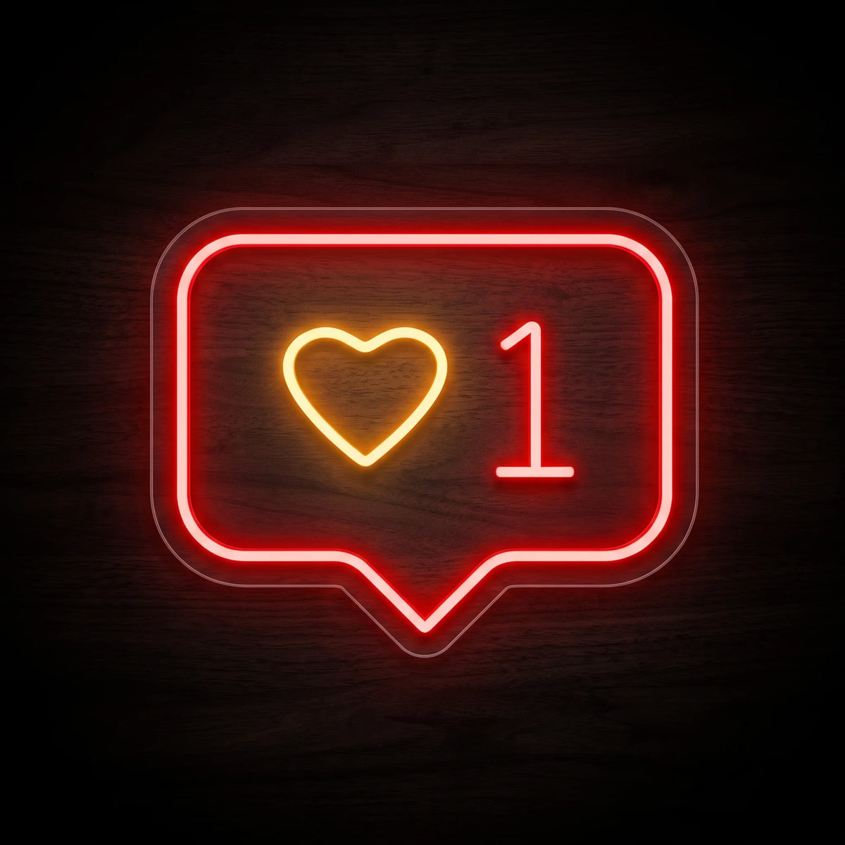 Social Like Notification LED neon sign with a glowing heart and number 1, creating colorful decorative LED wall lighting for digital-inspired spaces.