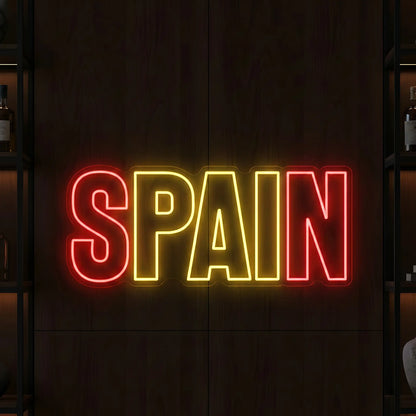 Spain wordmark LED neon sign featuring red and yellow illuminated lettering