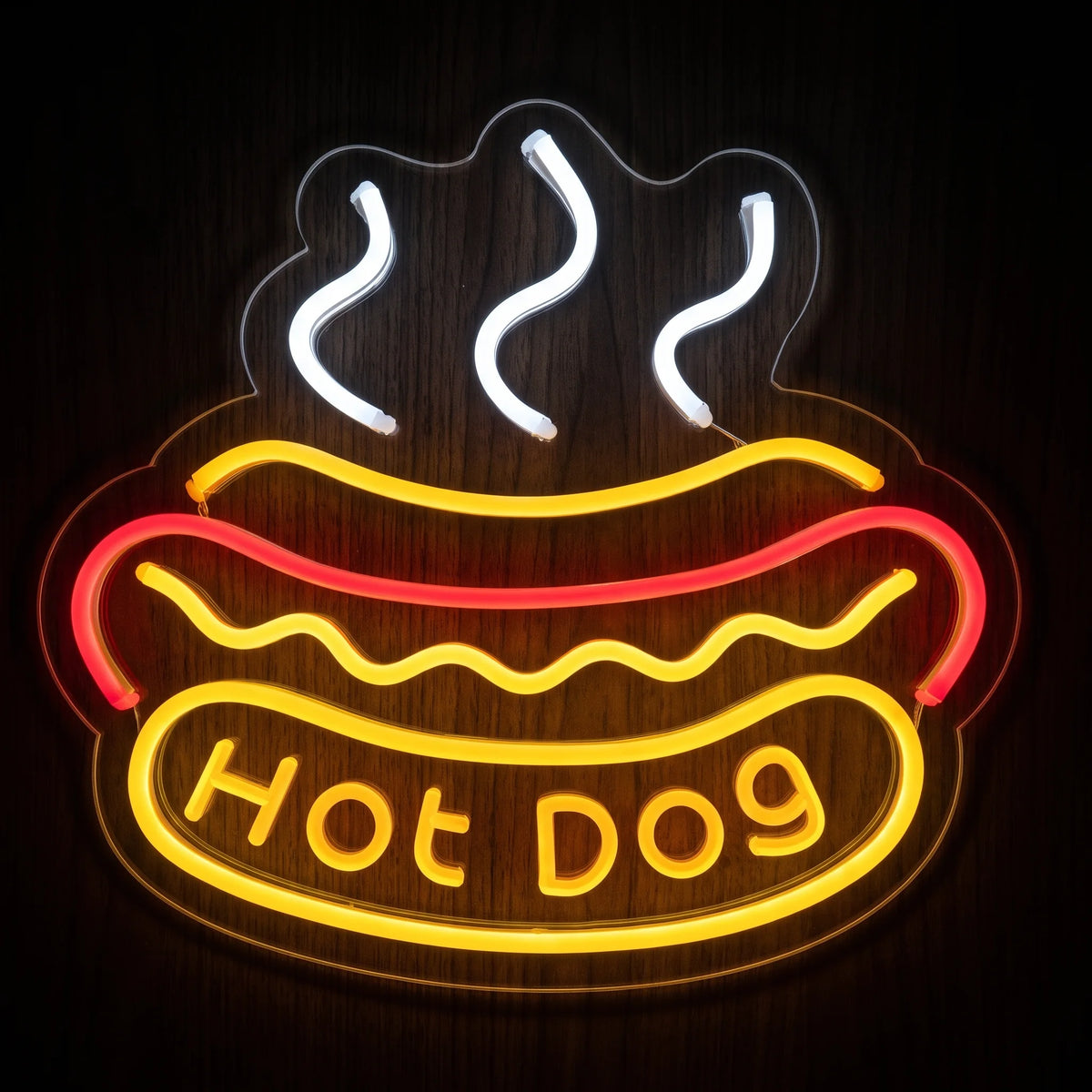 Steaming Hot Dog LED neon sign with red and yellow hot dog design, white steam lines and Hot Dog text on clear acrylic backing.