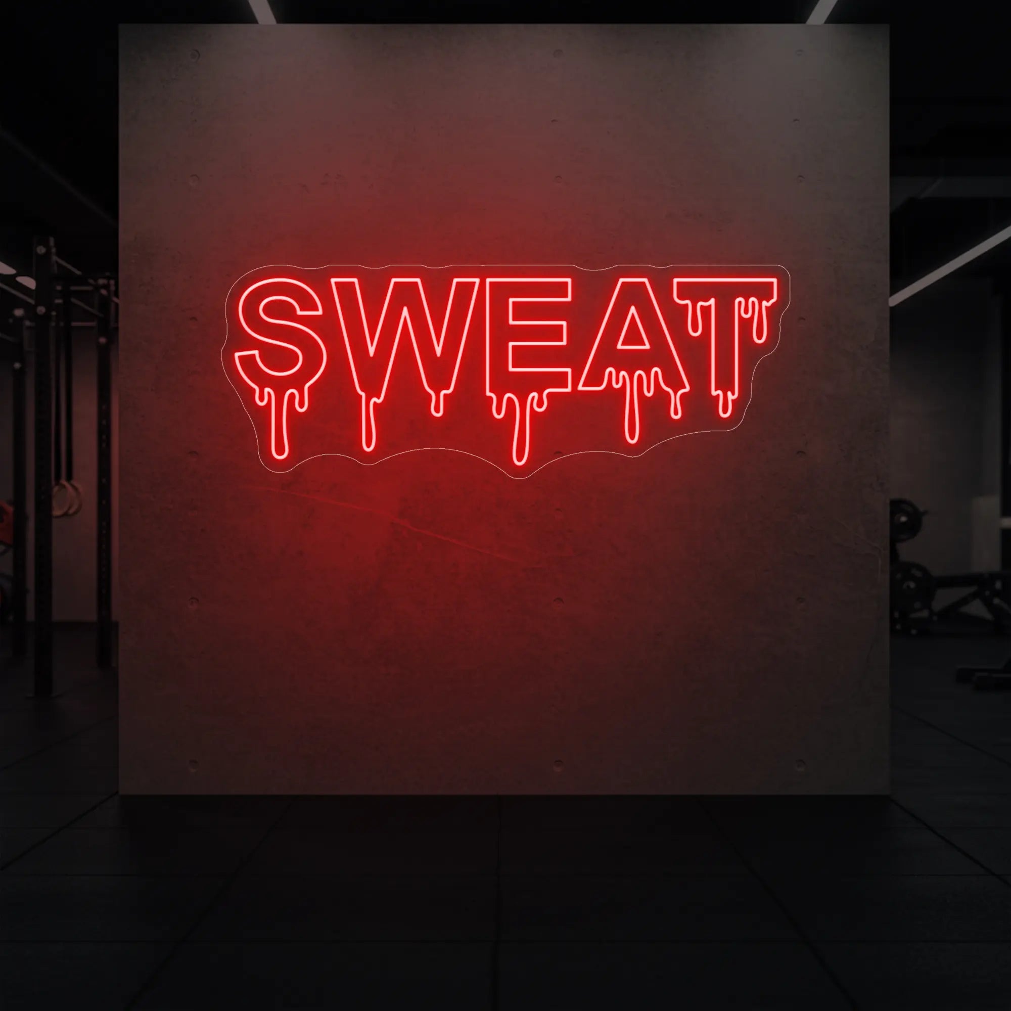'SWEAT' neon sign glowing in red against a styled interior wall.