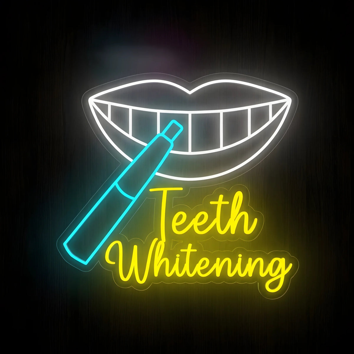 Teeth Whitening Smile LED neon sign featuring a white smiling mouth, cyan-blue whitening pen, and yellow Teeth Whitening script lettering on clear acrylic backing for cosmetic dental clinic decor.