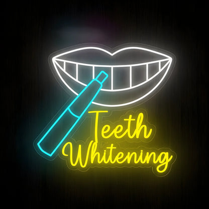 Teeth Whitening Smile LED neon sign featuring a white smiling mouth, cyan-blue whitening pen, and yellow Teeth Whitening script lettering on clear acrylic backing for cosmetic dental clinic decor.