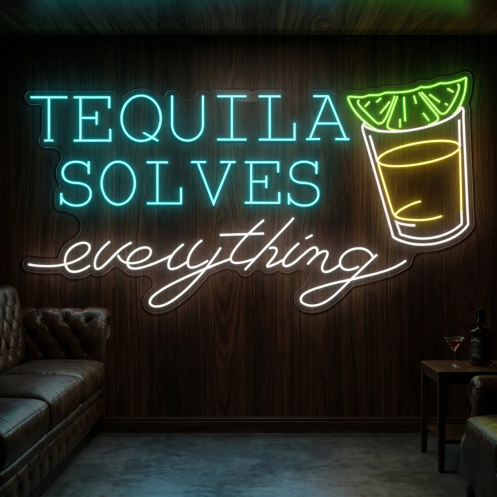 Photo of the 'Tequila Solves Everything' neon sign glowing in multi-color against a lively tequila bar-inspired wall.