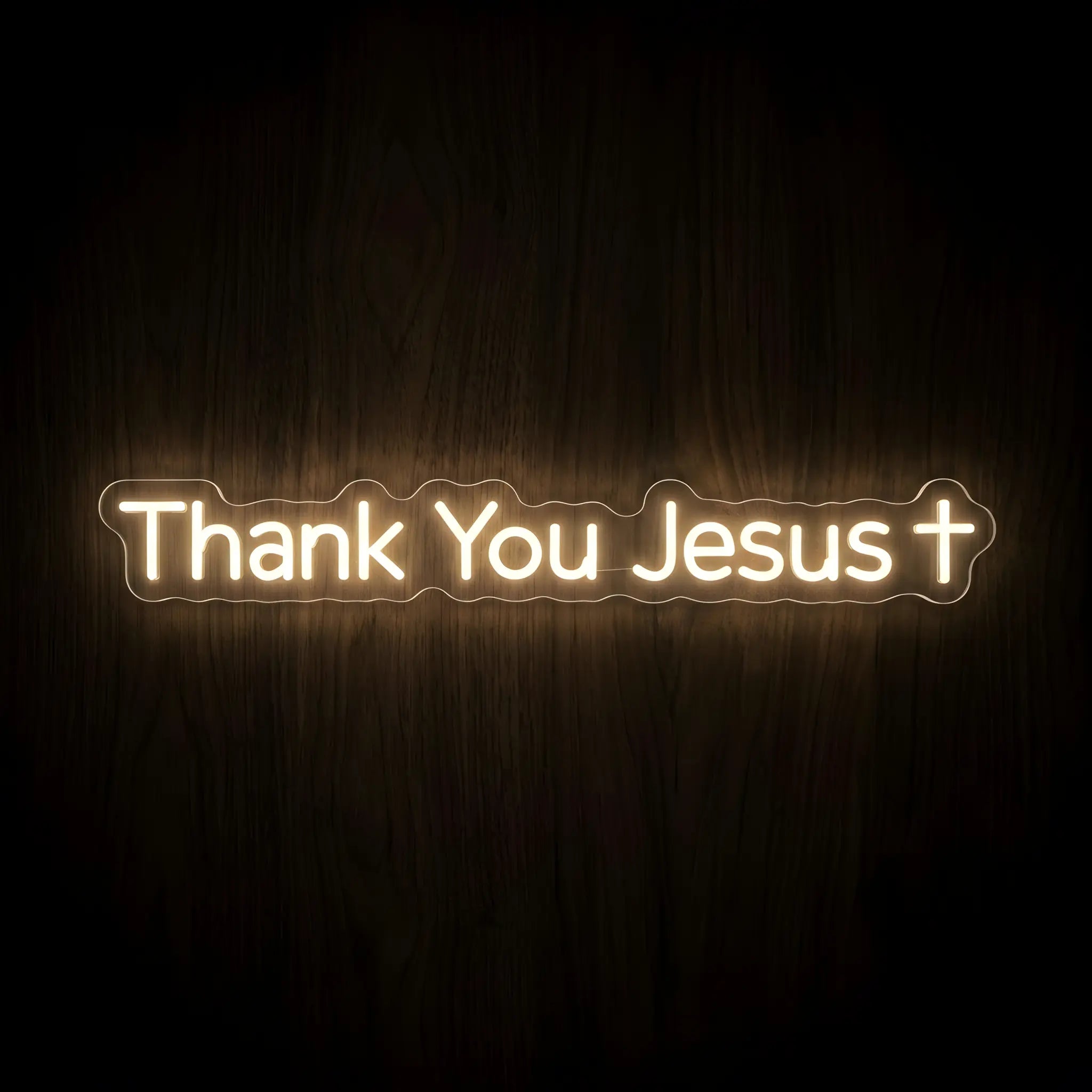Thank You Jesus LED neon sign with warm white illumination and cross on precision-cut acrylic backing, Christian wall decor featuring a thankful faith message.
