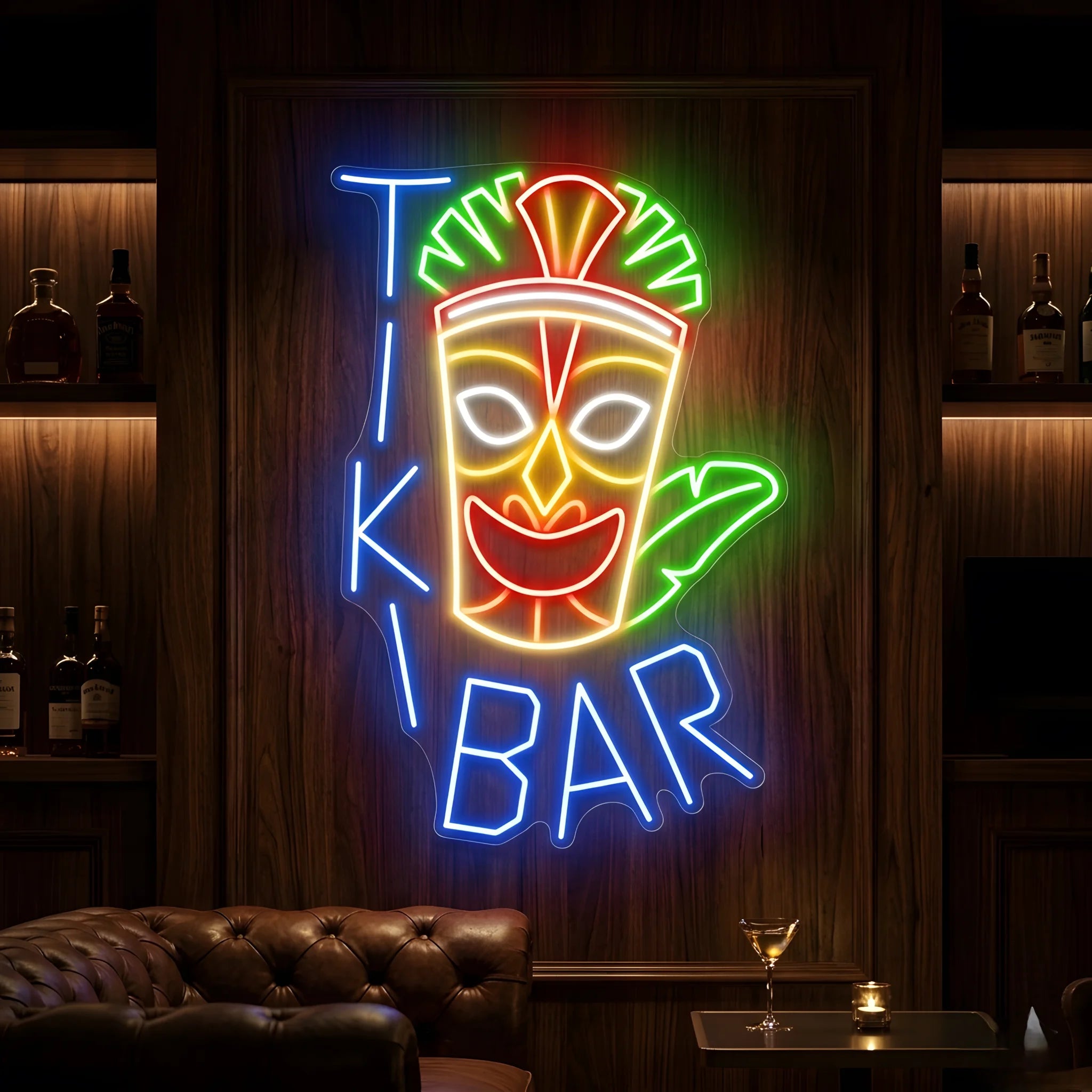 Photo of the 'Tiki Bar' neon sign glowing in multi-color against a tropical tiki-inspired wall.