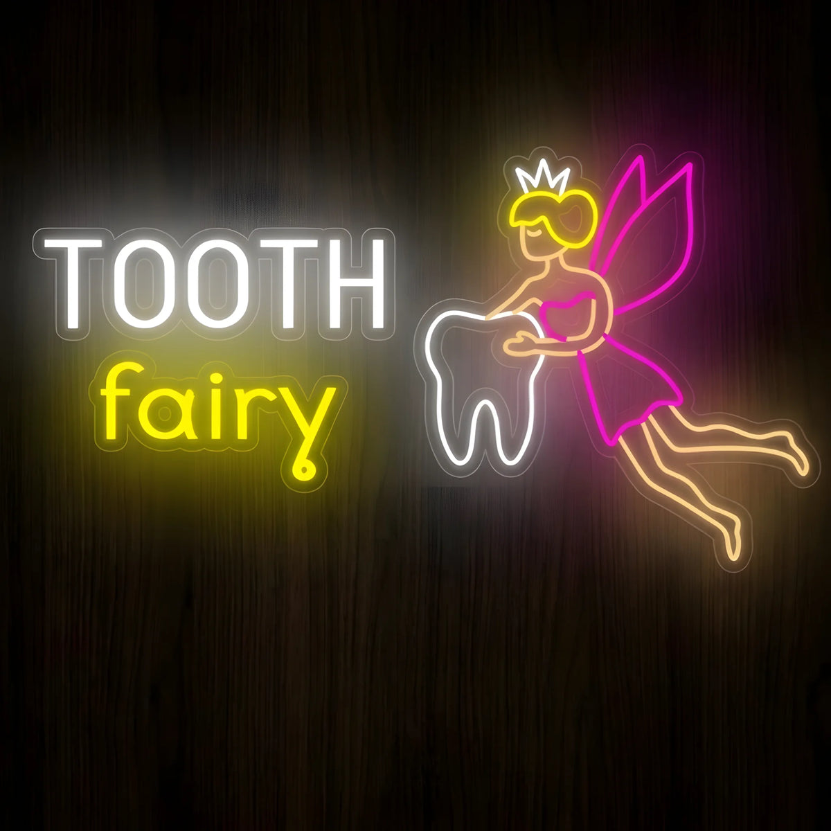 Tooth Fairy LED neon sign featuring white TOOTH and yellow fairy lettering beside a flying fairy with pink wings holding a glowing tooth on clear acrylic backing for pediatric dental clinic decor.