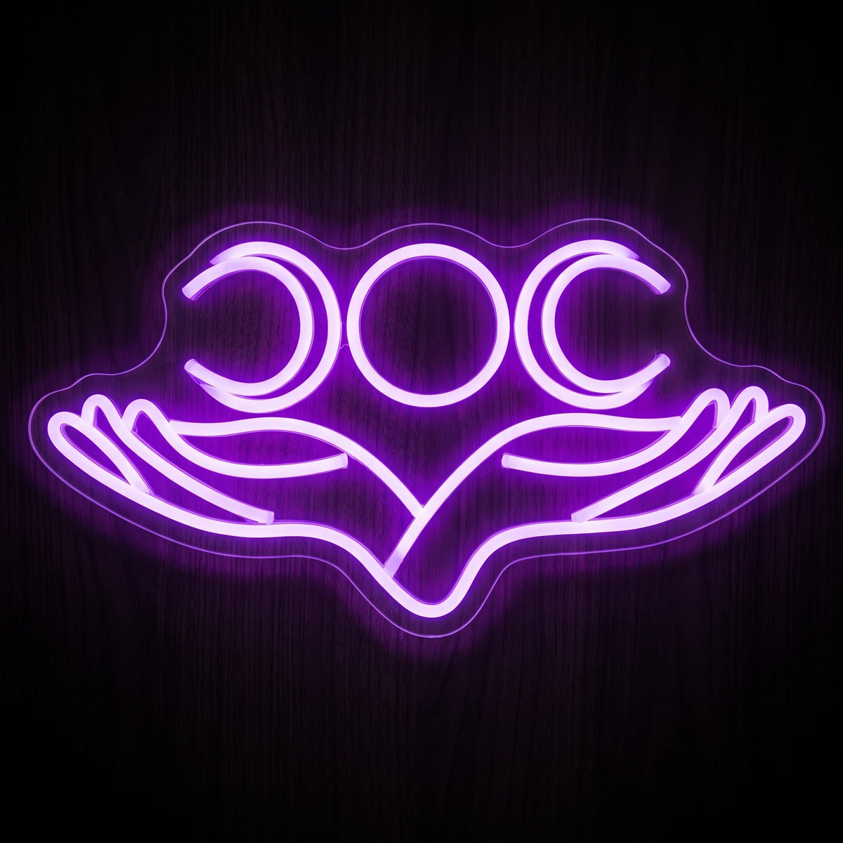 Triple Moon Goddess LED Neon Sign featuring purple crescent and full moon symbols above two open hands.