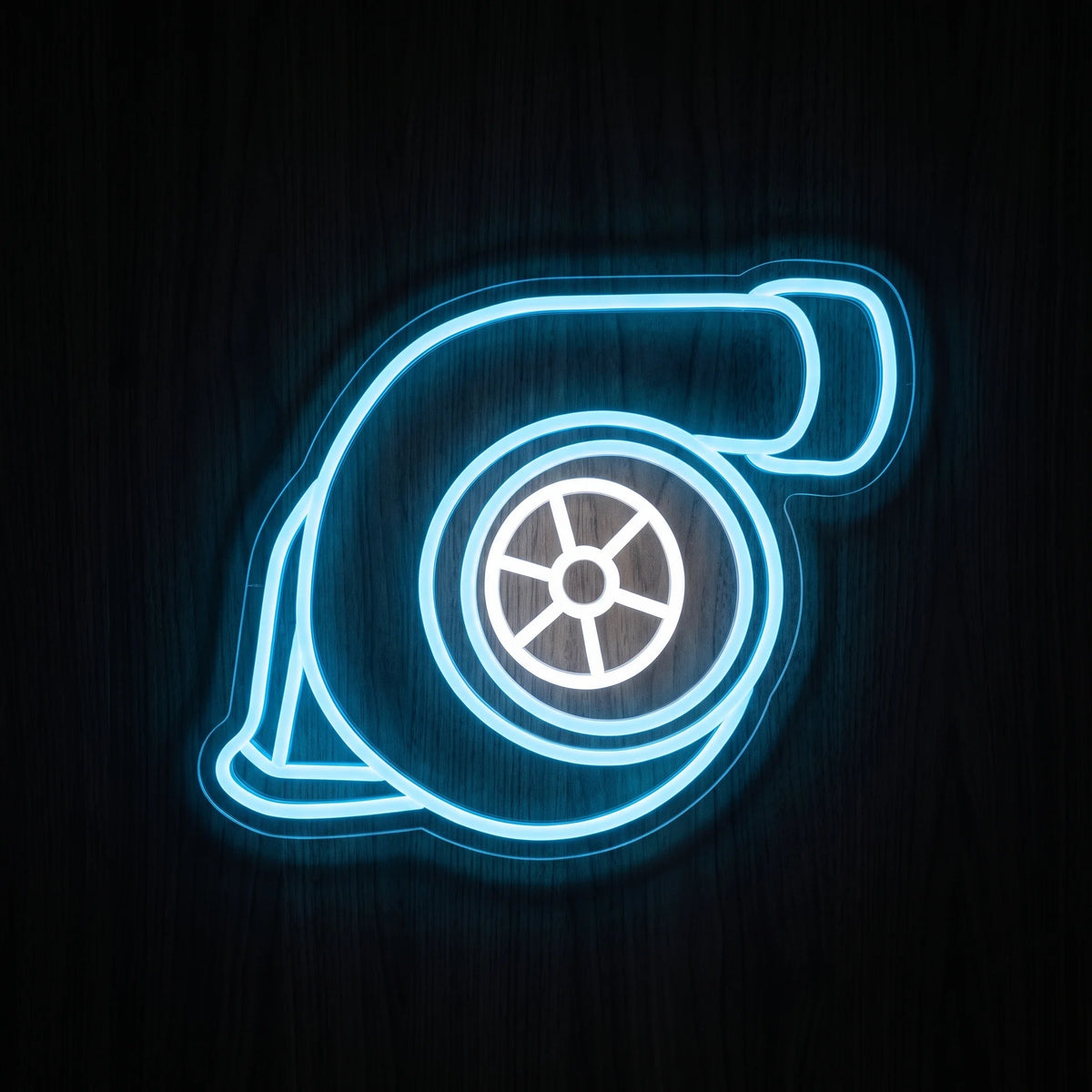 Turbo Snail LED neon sign featuring a blue and white turbocharger outline with a spiral turbine design.