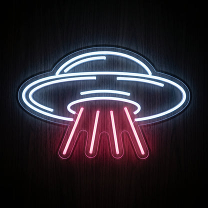 UFO Beam LED neon sign featuring a cool white flying saucer outline with a bright pink beam shining downward.