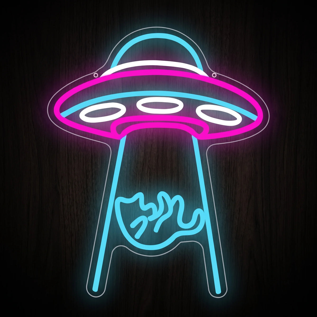 UFO Cat Abduction LED Neon Sign featuring a colorful flying saucer with a blue beam and floating cat design.