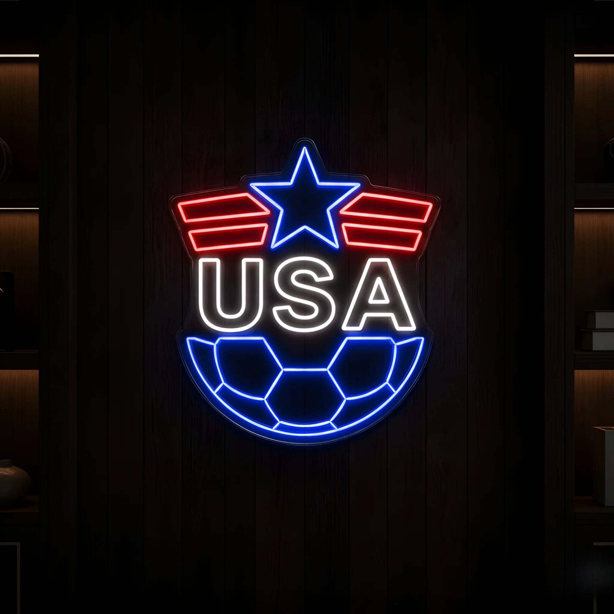USA football shield LED neon sign featuring patriotic star wings and football design in red white and blue