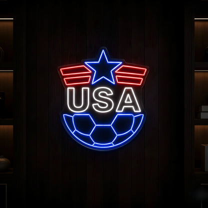 USA football shield LED neon sign featuring patriotic star wings and football design in red white and blue