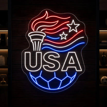 USA torch football LED neon sign featuring patriotic stars flag accents and football design in red white and blue