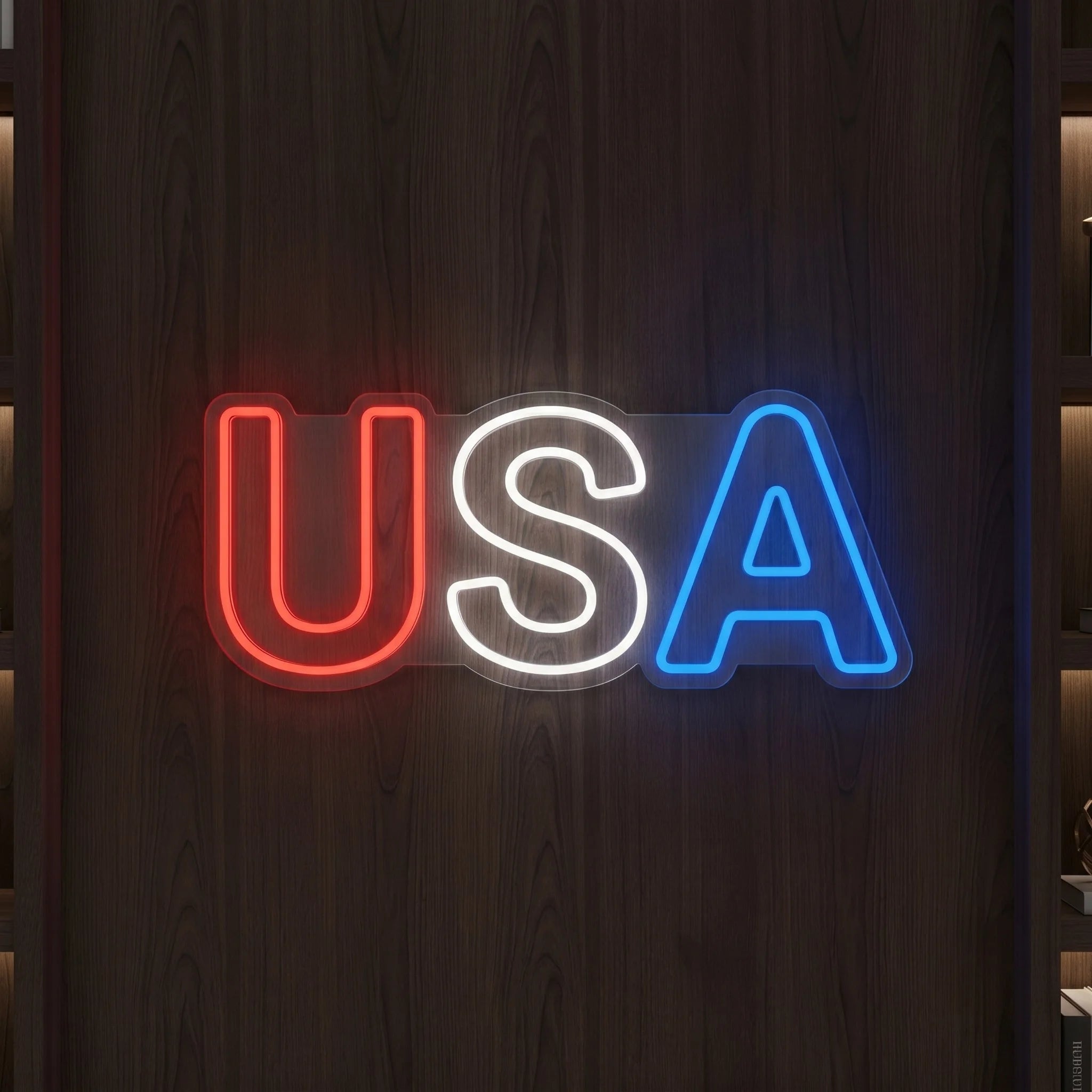 USA LED neon sign featuring patriotic red white and blue lettering for football fans