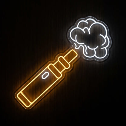 Vape cloud device LED neon sign on clear acrylic backing with warm amber and white illumination for vape shop wall décor.