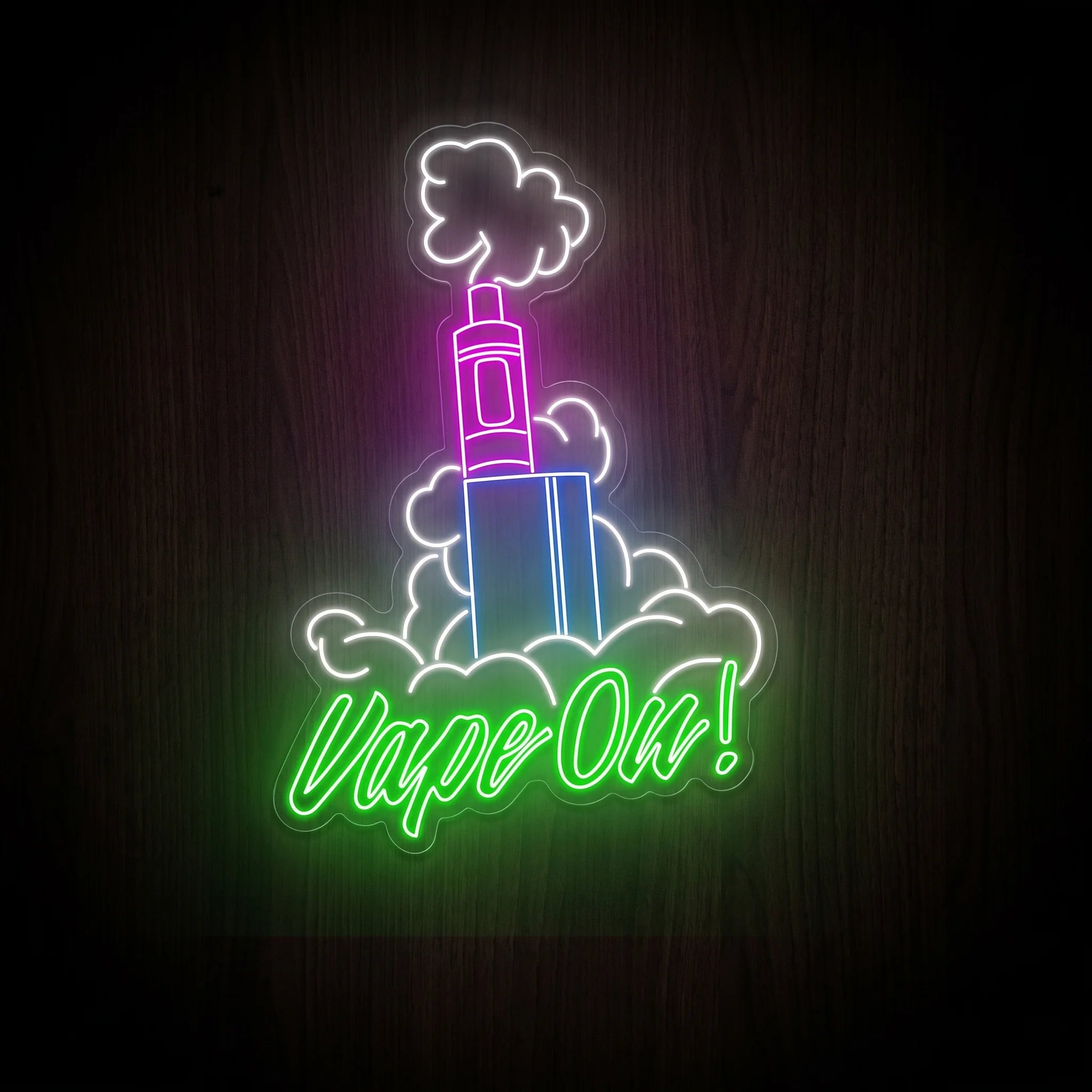 Vape On Bottle LED neon sign featuring a colorful vape device surrounded by vapor clouds above green "Vape On!" lettering mounted on a precision-cut clear acrylic backing.