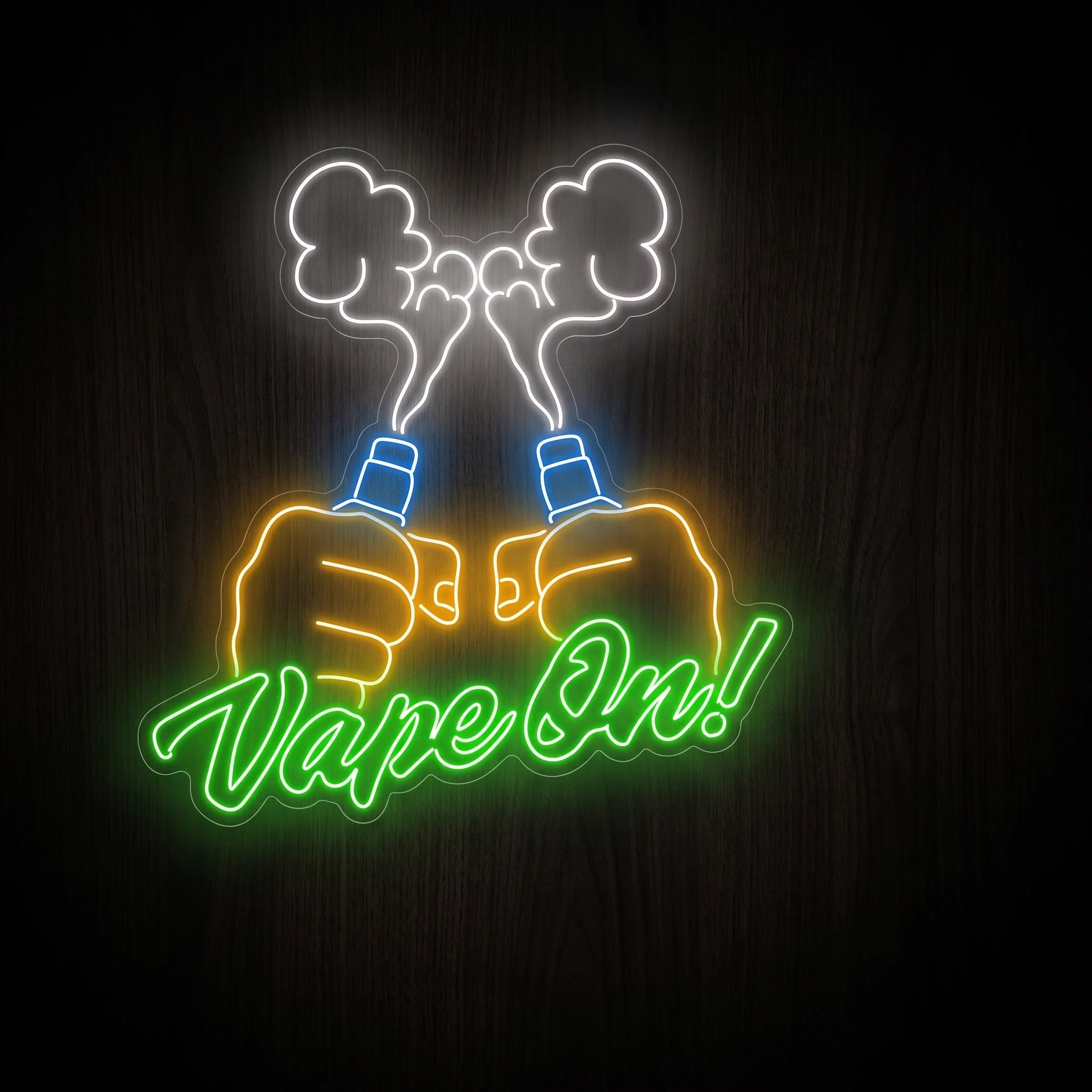 Vape On! LED neon sign on clear acrylic backing featuring two hands holding vape devices with white vapor clouds, green lettering, and blue accents for vape shop wall décor.