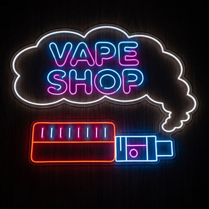 Vape Shop LED neon sign featuring colorful neon lettering inside a vapor cloud with a modern vape device illustration on a clear acrylic backing.