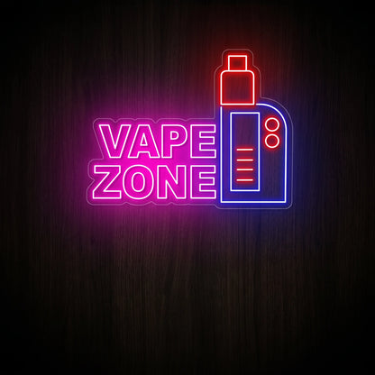 Vape Zone LED neon sign featuring bold neon lettering with a modern vape device illustration mounted on a clear acrylic backing.