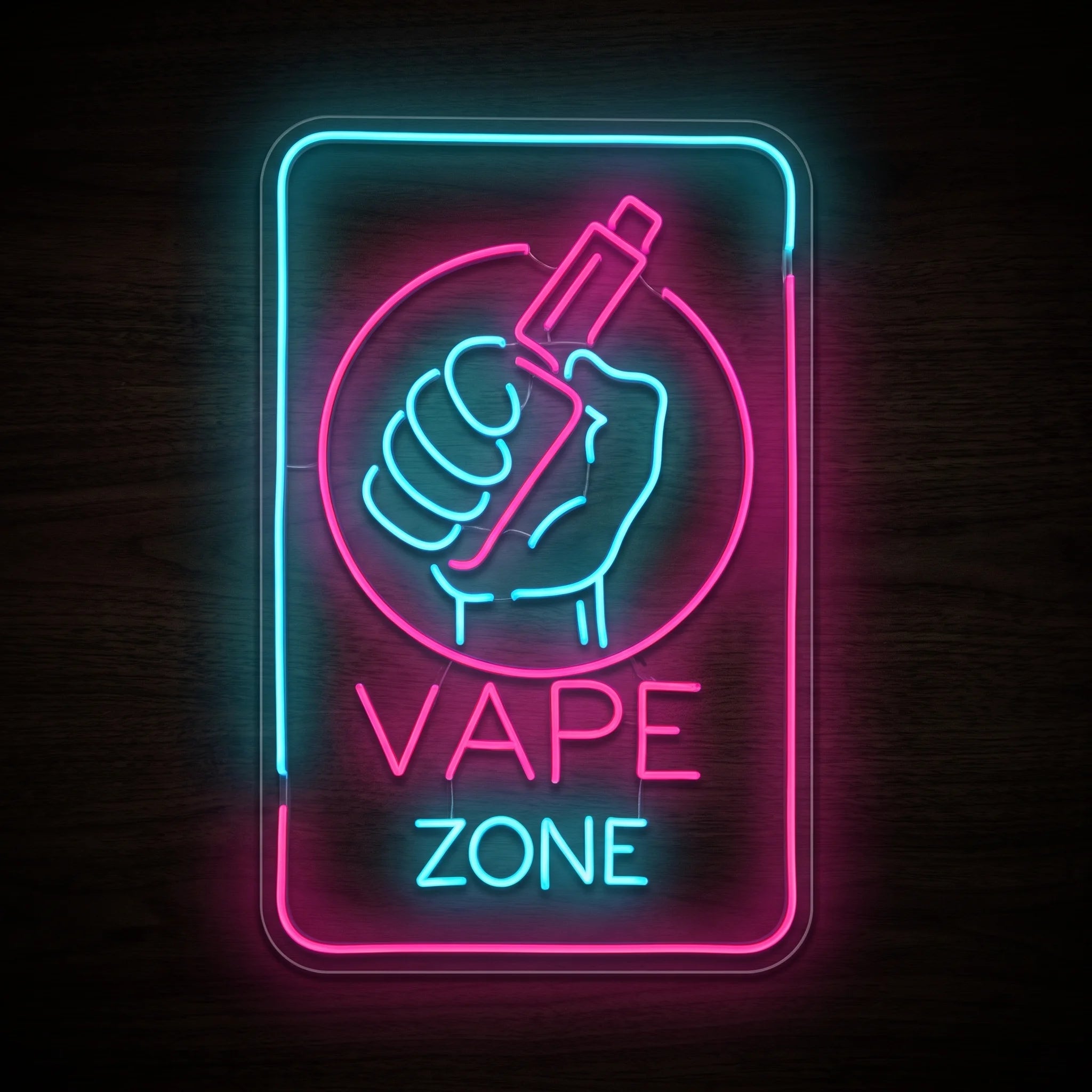 Vape Zone Hand Icon LED neon sign featuring a hand holding a vape device inside a circular emblem with bold Vape Zone lettering on a precision-cut clear acrylic backing.