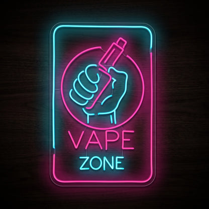 Vape Zone Hand Icon LED neon sign featuring a hand holding a vape device inside a circular emblem with bold Vape Zone lettering on a precision-cut clear acrylic backing.