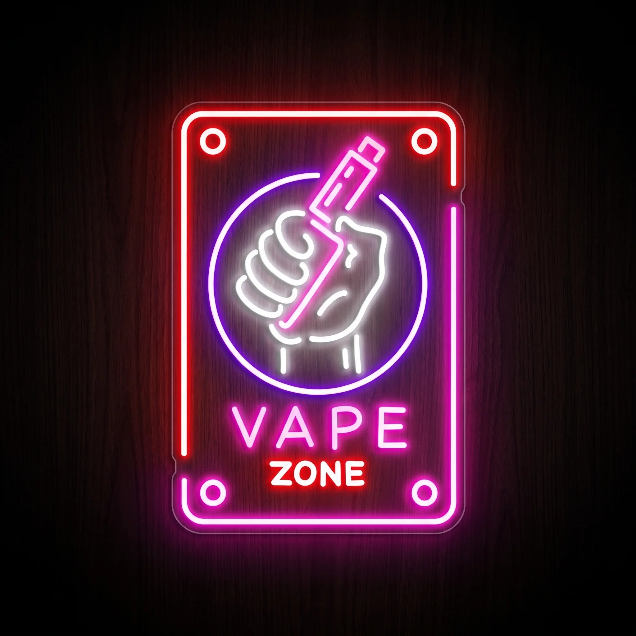 Vape Zone Sign LED neon sign featuring a hand holding a vape device inside a circular emblem with bold Vape Zone lettering and an illuminated rectangular border on a precision-cut clear acrylic backing.