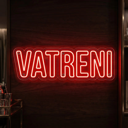 Vatreni LED neon sign featuring bold red illuminated lettering on clear acrylic backing