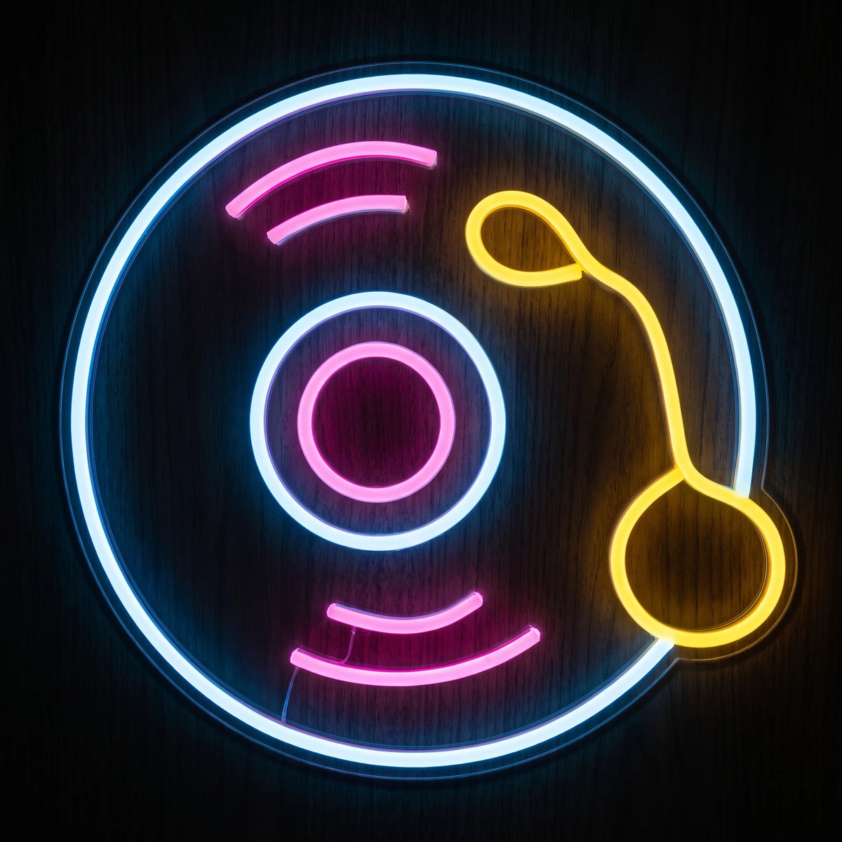 Vinyl Turntable LED neon sign featuring a blue, pink and yellow record player design with record and tonearm.