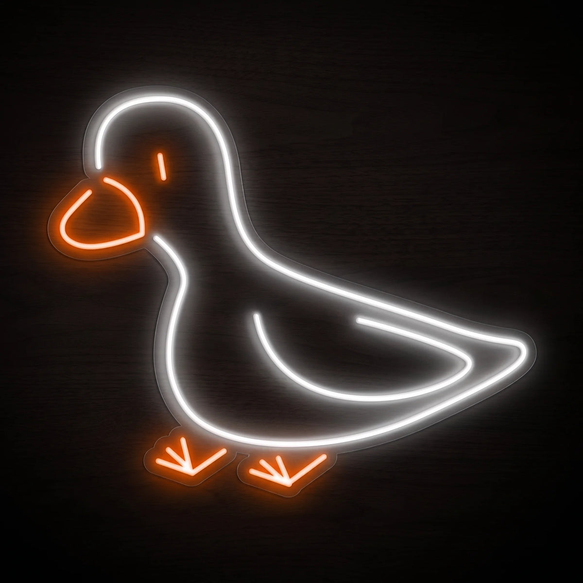Walking Duck LED Neon Sign featuring a white duck outline with orange neon beak and feet on clear acrylic backing.