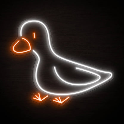 Walking Duck LED Neon Sign featuring a white duck outline with orange neon beak and feet on clear acrylic backing.