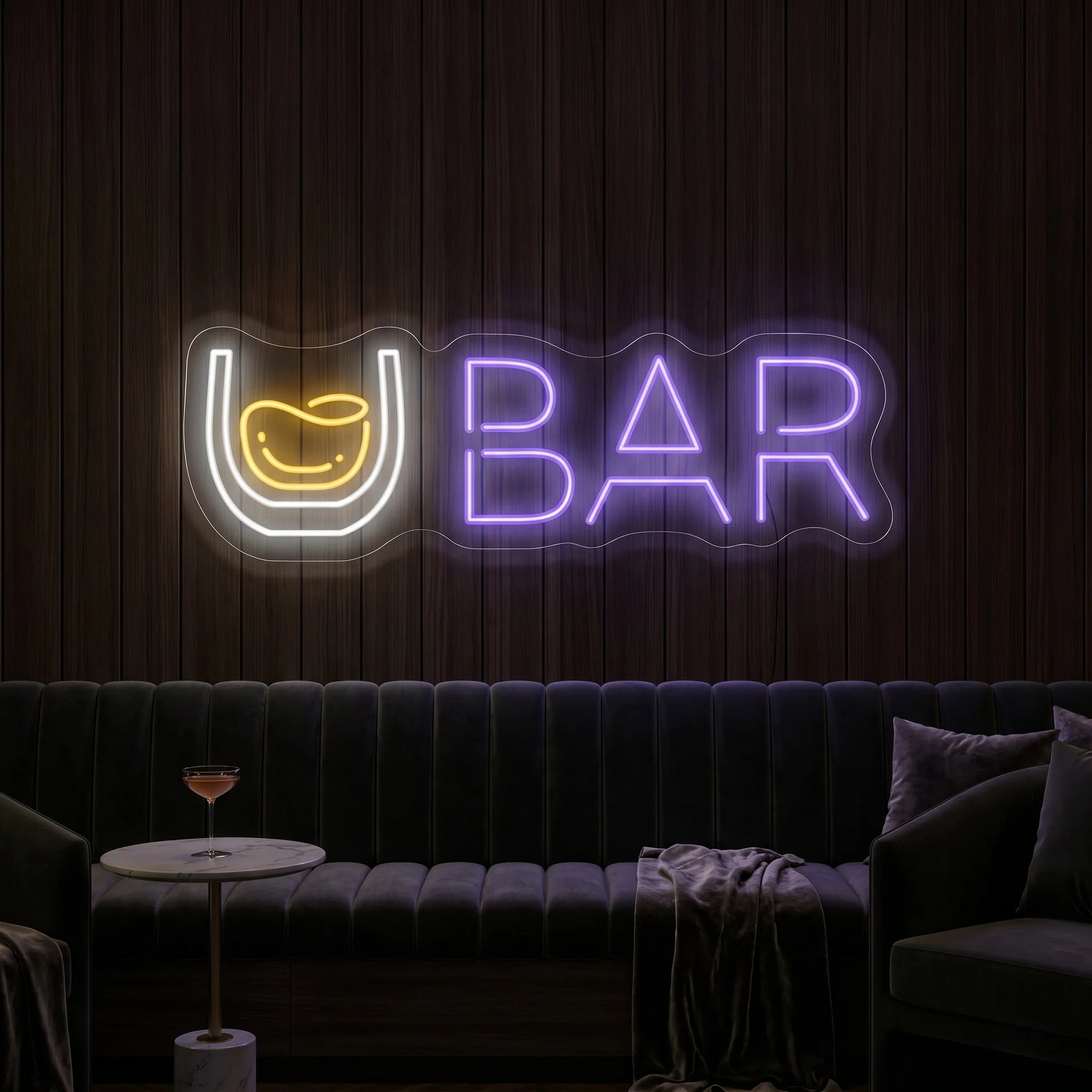 Photo of the 'Whiskey Bar Version 2' neon sign glowing in multi-color against a premium whiskey bar-inspired wall.