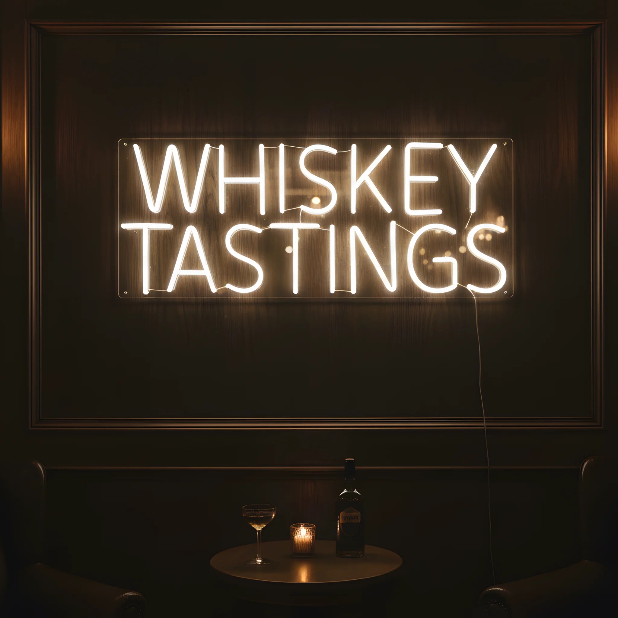 Photo of the 'Whiskey Tastings' neon sign glowing in warm white against a whiskey lounge-inspired wall.