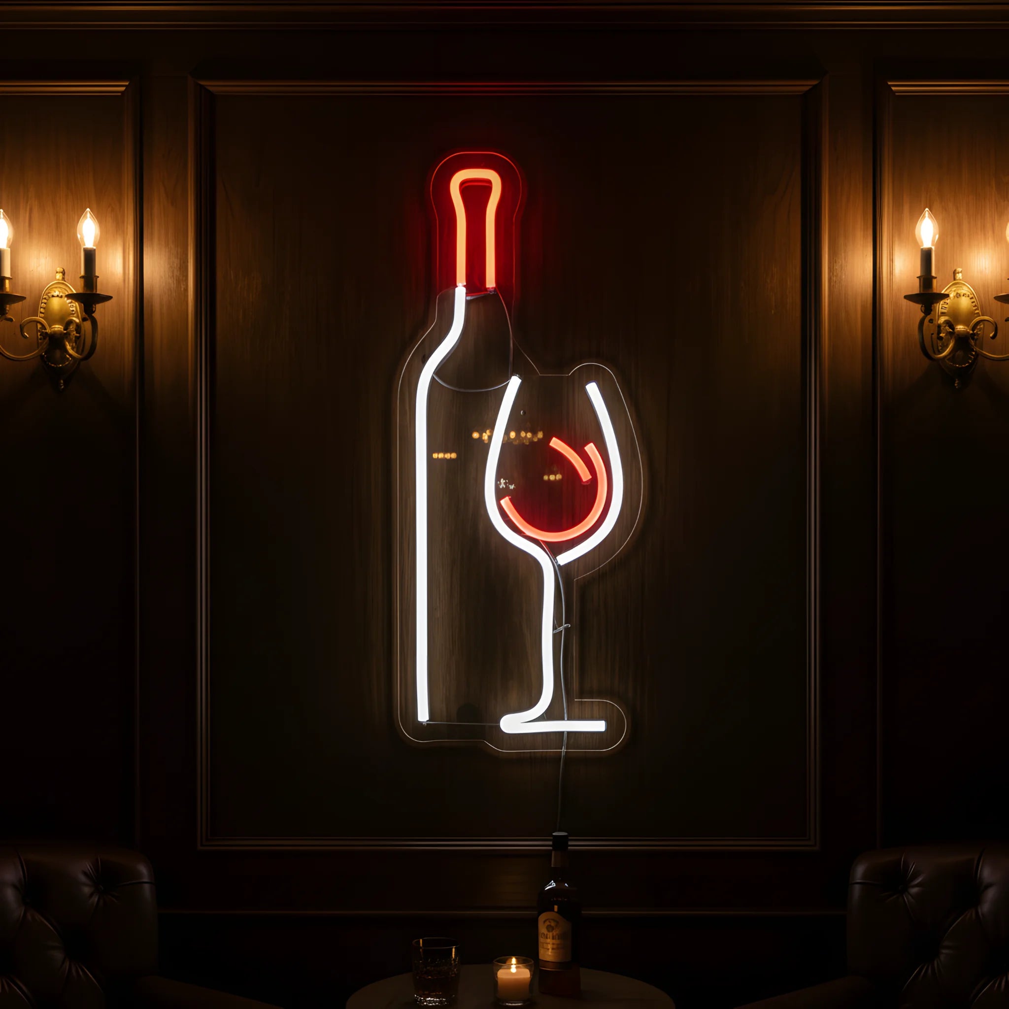 Photo of the 'Wine and Glass Version 3' neon sign glowing in multi-color against a sophisticated wine bar-inspired wall.