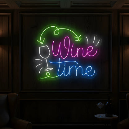Photo of the 'Wine Time' neon sign glowing in multi-color against a cozy wine bar-inspired wall.