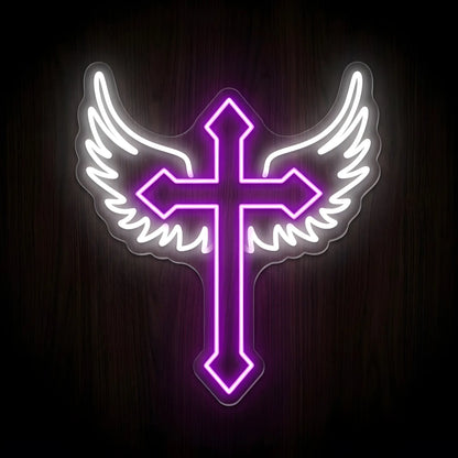 Winged Cross LED neon sign featuring a vibrant purple Christian cross with white angel wings on a precision-cut clear acrylic backing for inspirational Christian wall decor.