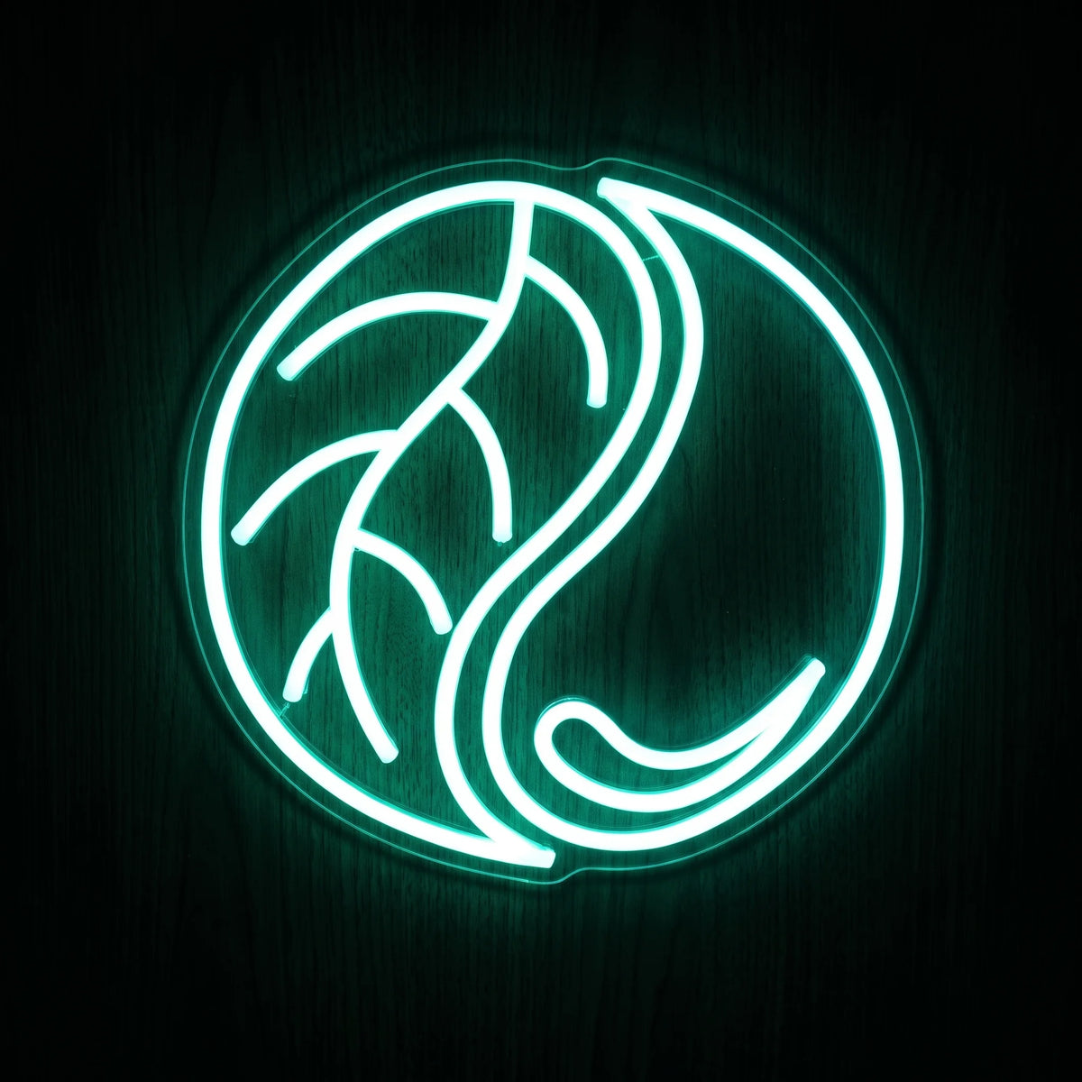 Yin Yang Leaf LED neon sign featuring a glowing green botanical leaf design in a circular yin yang inspired shape.