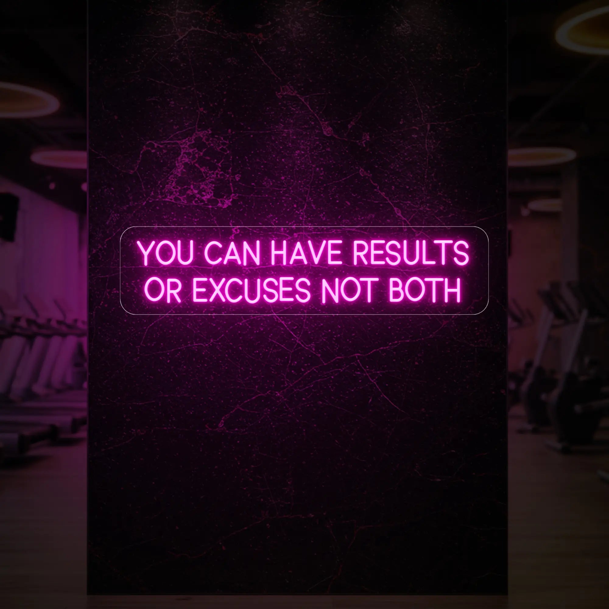  'YOU CAN HAVE RESULTS OR EXCUSES NOT BOTH' neon sign glowing in light pink against a styled interior wall.